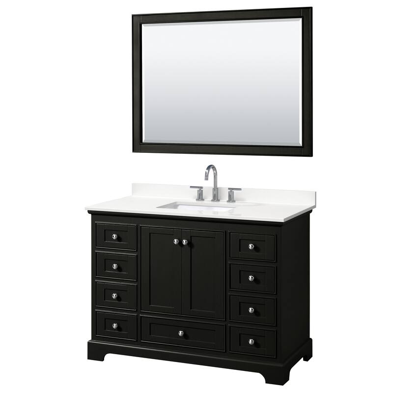Deborah 48-inch Single Vanity, Quartz Top, 46-inch Mirror - Dark Espresso, Chrome Trim, White Quartz Top
