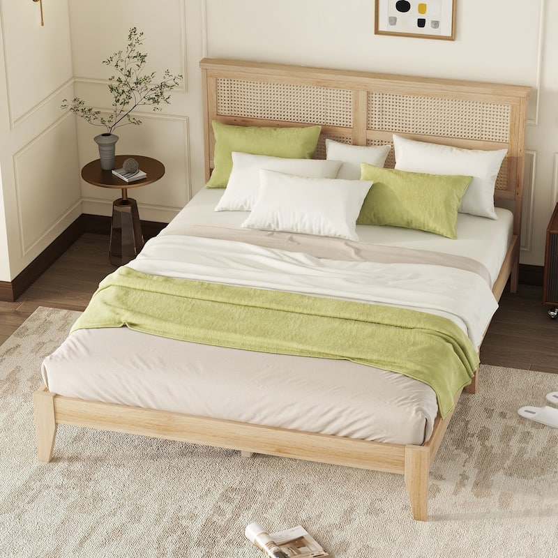 Wood Queen Size Rubber Wooden, Solid Wooden Bed with Rattan Headboard, Enhanced by Support Feet