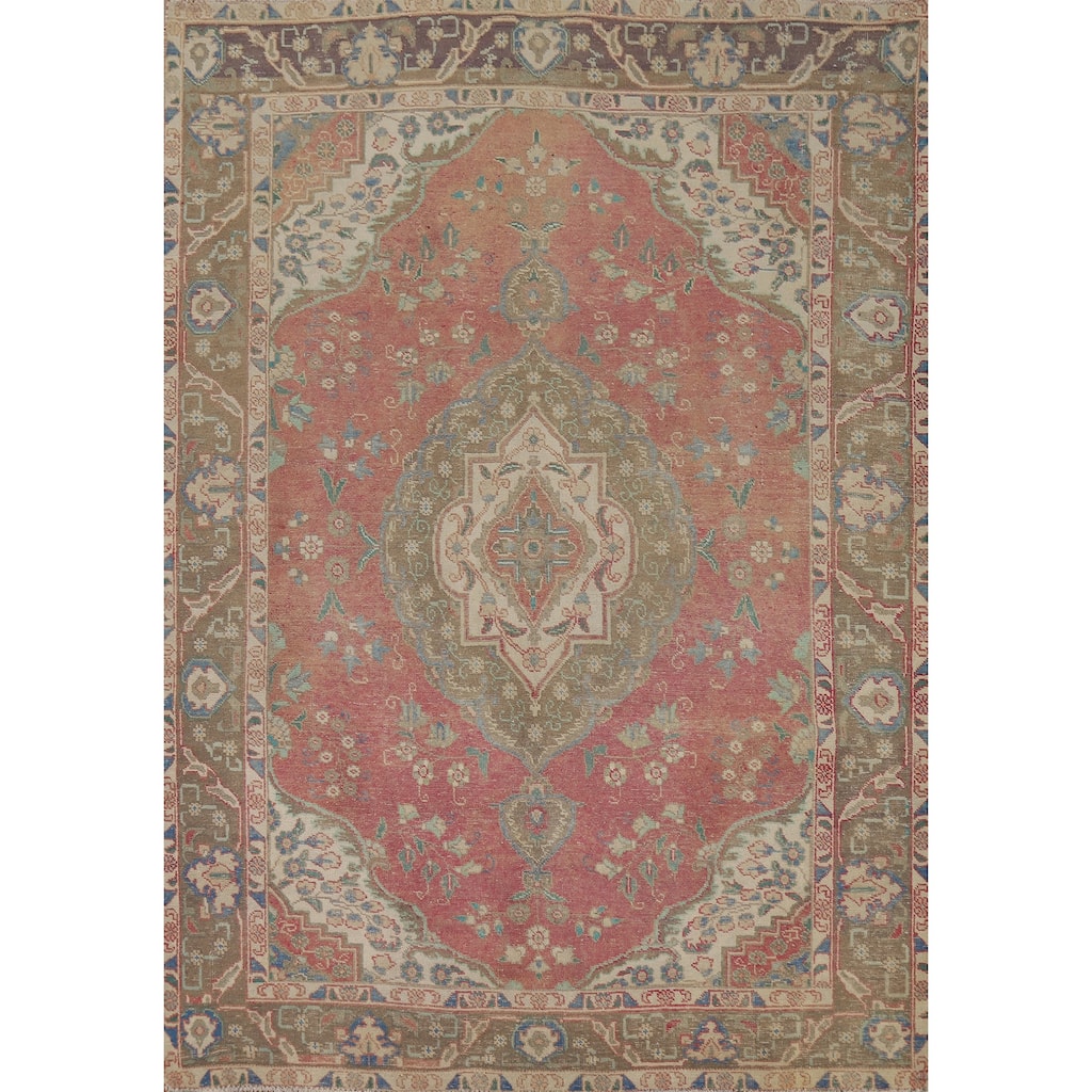 Pink Tabriz Persian Vintage Rug Handmade Wool Carpet - 6'5" x 9'3"