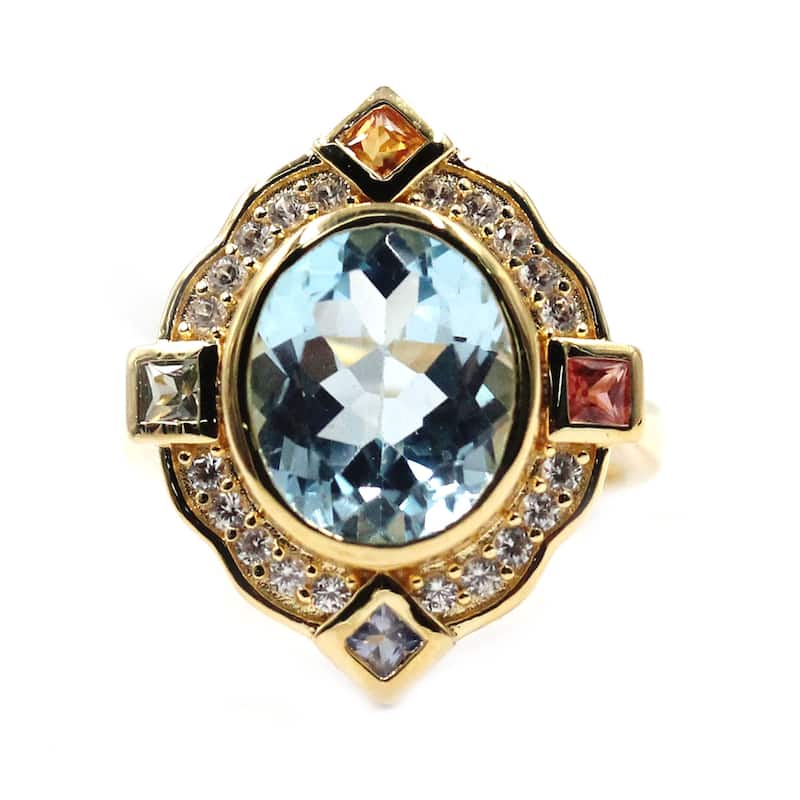 Yellow Gold Over Sterling Silver Swiss Blue Topaz, With Multi Gemstone Ring