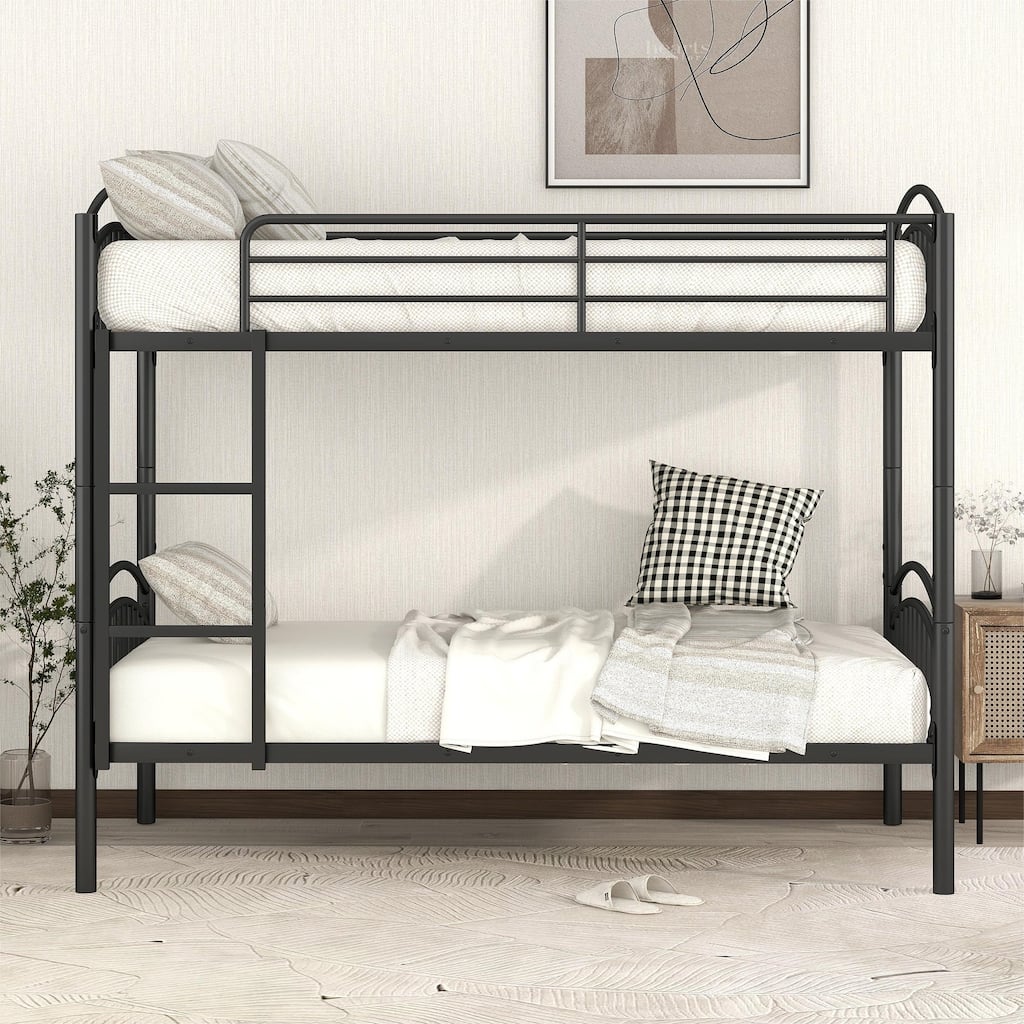 Convertible Twin Over Twin Bunk Bed with Guardrails and Ladder, Durable Steel Frame Bunk Bed, Divided into 2 Platform Beds