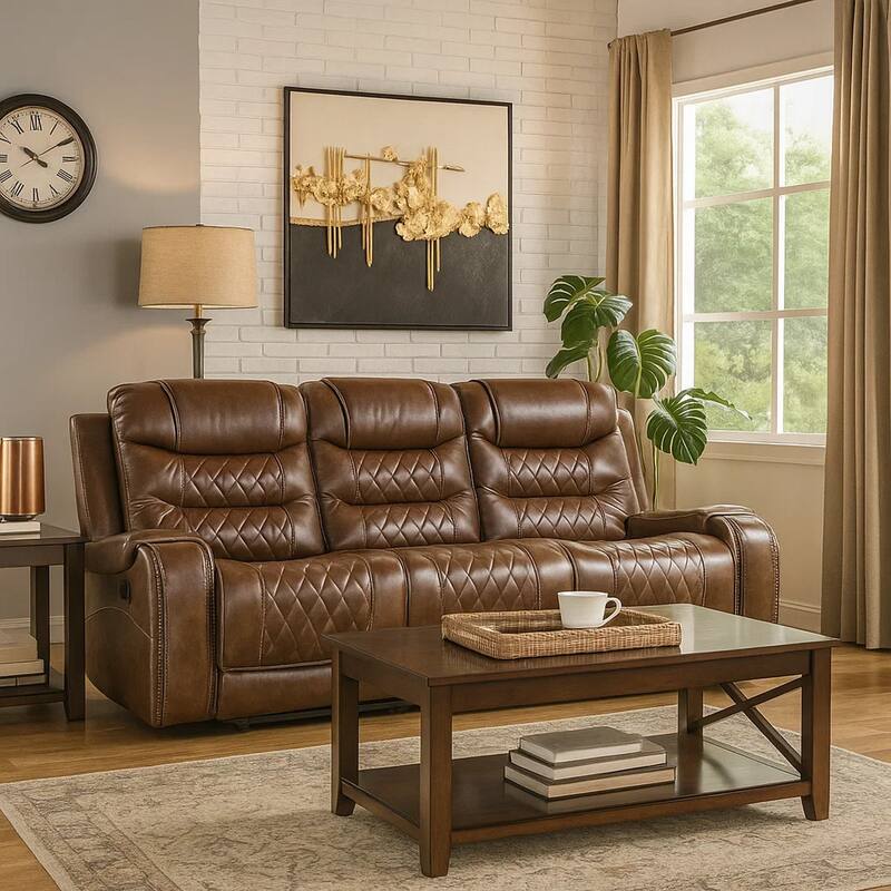 Paul 87 Inch Manual Recliner Sofa, Drop Table Cupholders Brown Faux Leather