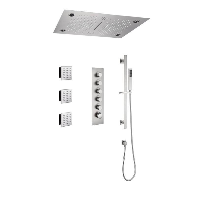 Luxury 5-Spray Patterns 28 in. Ceiling Mount Shower System with Handheld Shower Head, 3 Body Jets, LED, and Music - 16" x 28"