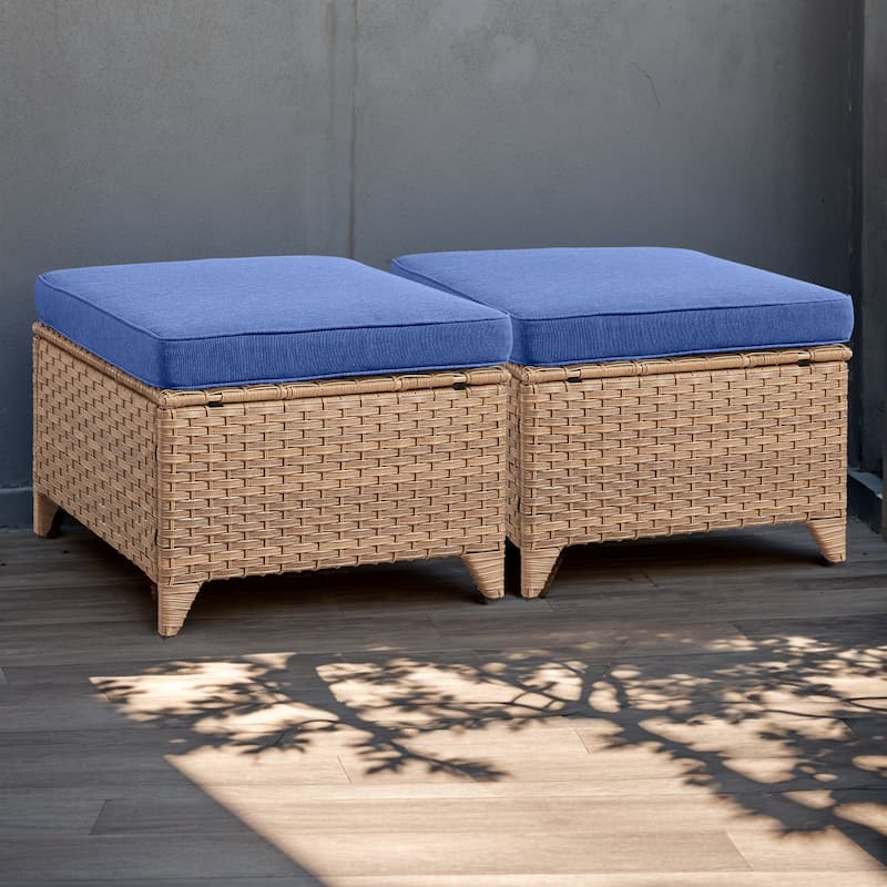 Wicker Rattan Ottoman Outdoor Patio Ottoman - Yellow - Blue