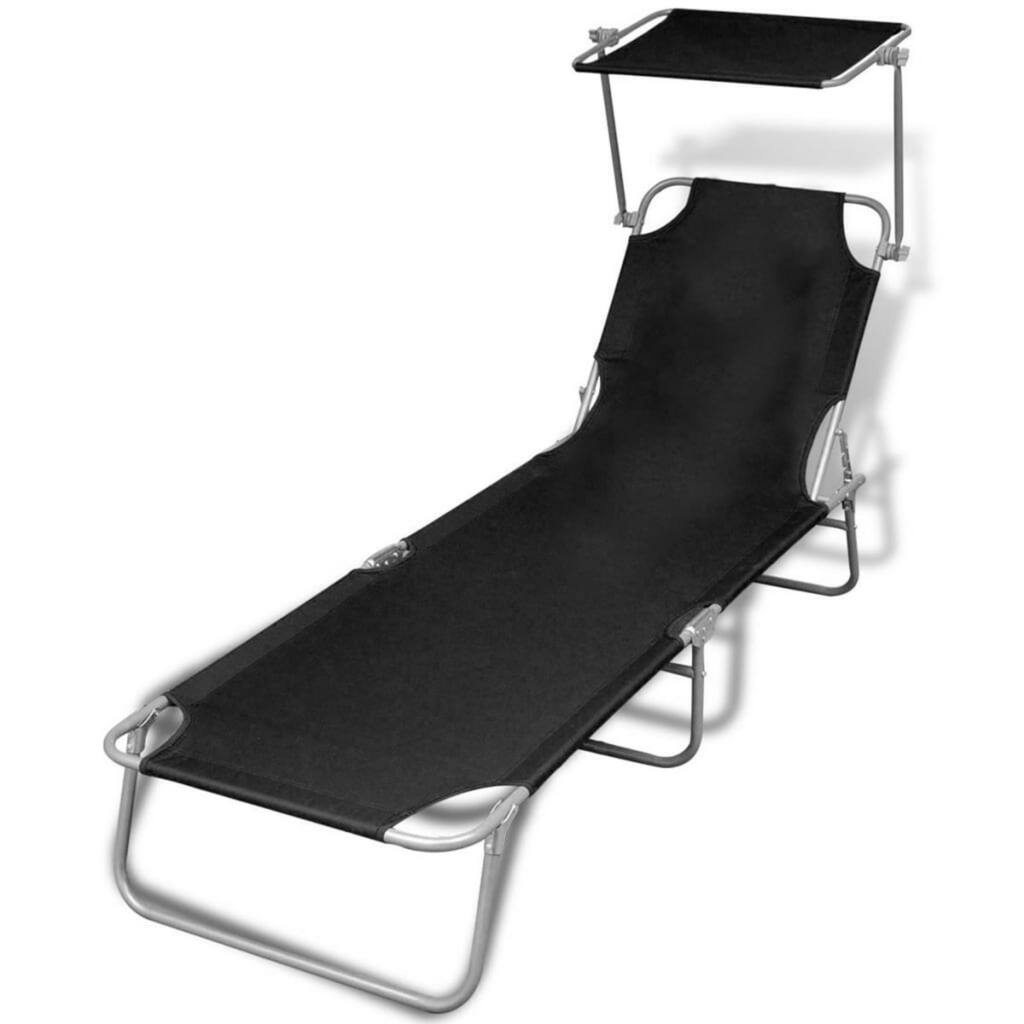 Outdoor Foldable Sun Chaise Lounger with Canopy, 74 Inch Steel, Black