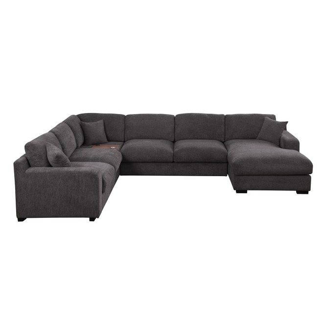 Celine 128"W Chenille Fabric Corner Sectional Sofa with Right-Facing Chaise, Cupholders, and Charging Ports