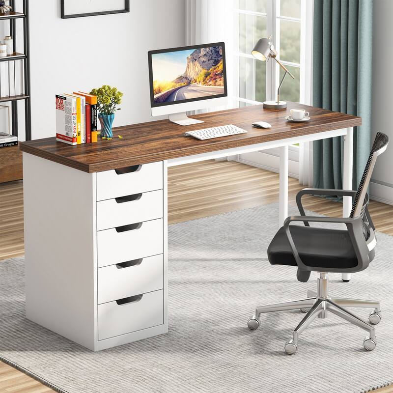 Modern Computer Desk with 5 Reversible Drawers, Storage Home Office Desk, PC/Laptop Desk, Study Writing Table Workstation