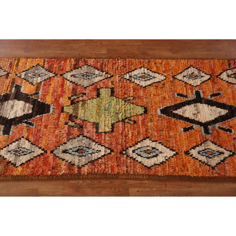 Geometric Orange Moroccan Oriental Runner Rug Handmade Wool Carpet - 2'9" x 9'9"