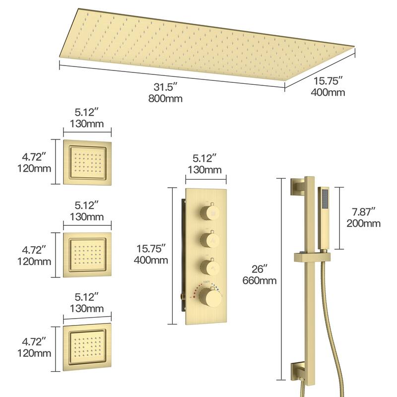 3-Spray 32 in. x 16 in. Ceiling Mount Fixed and Handheld Dual Shower Head 2.5 GPM with Adjustable Slide Bar and 3-Body Jets
