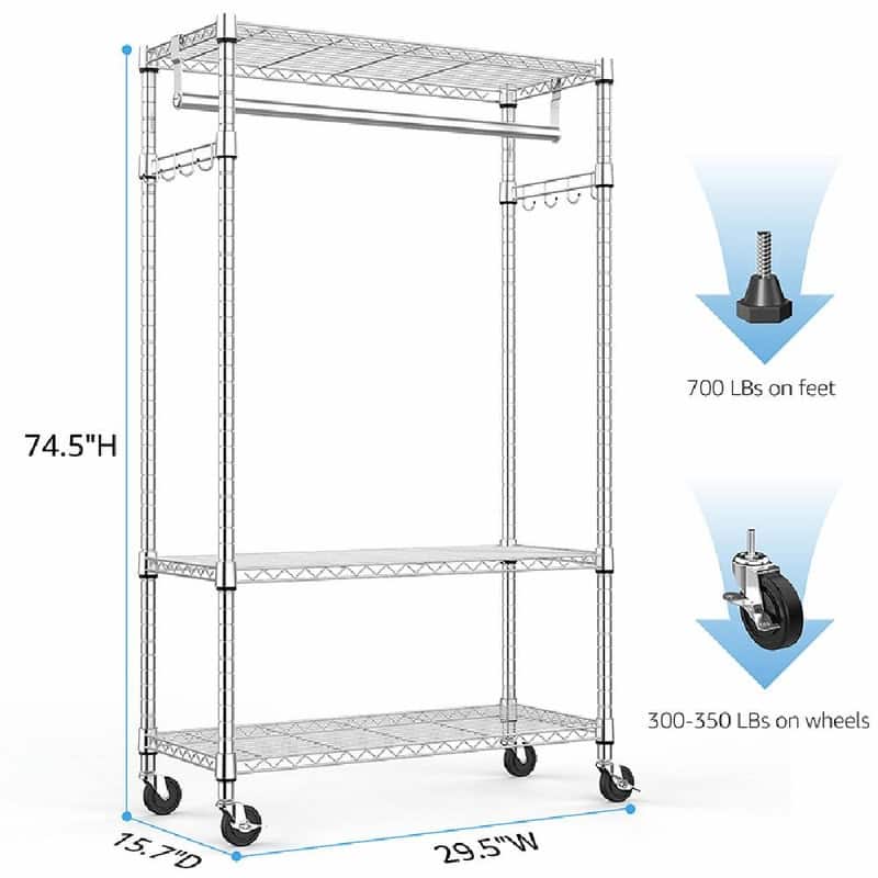 Heavy Duty Rolling Garment Rack with Wheels, 3-Tier Adjustable Wire Shelving, Clothes Rack with Rods & Side Hooks