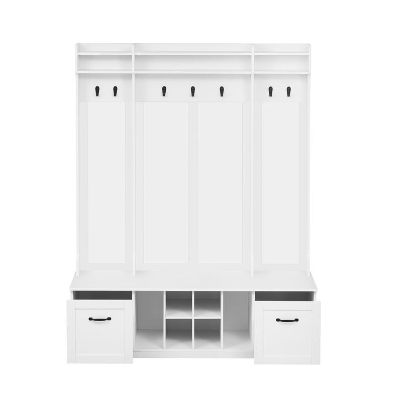 Modern Hall Tree Cabinet with Bench & Adjustable Shelves, Entryway Storage Cabinet Coat Rack with Walk-in Closet