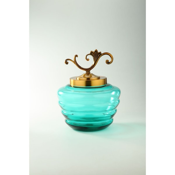 14" Teal Green and Gold Hand Blown Glass Jar with Lid - N/A