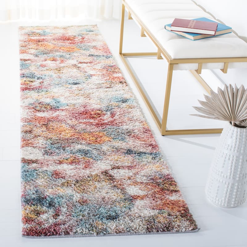 SAFAVIEH Calista Shag Hinnerika Abstract 1-inch Thick Rug - 2'3" x 8' Runner - Rust/Ivory