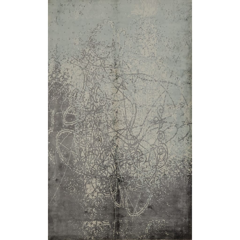 Hand Knotted Oriental Viscose Silk Carpet Modern Contemporary Greys & Charcoal Contemporary Area Rug - 9' 3'' X 6' 3''