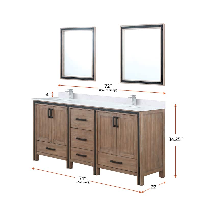 Ziva 72 in W x 22 in D White Double Bath Vanity, White Quartz Top, Faucet Set and 30 in Mirrors