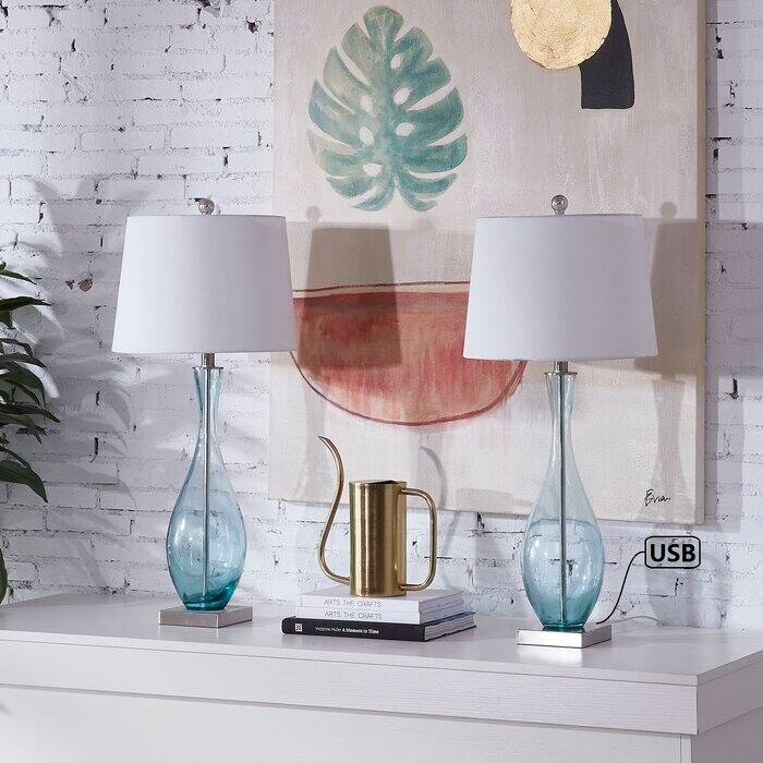 30.5" Glass Table Lamp Set with USB (Set of 2)