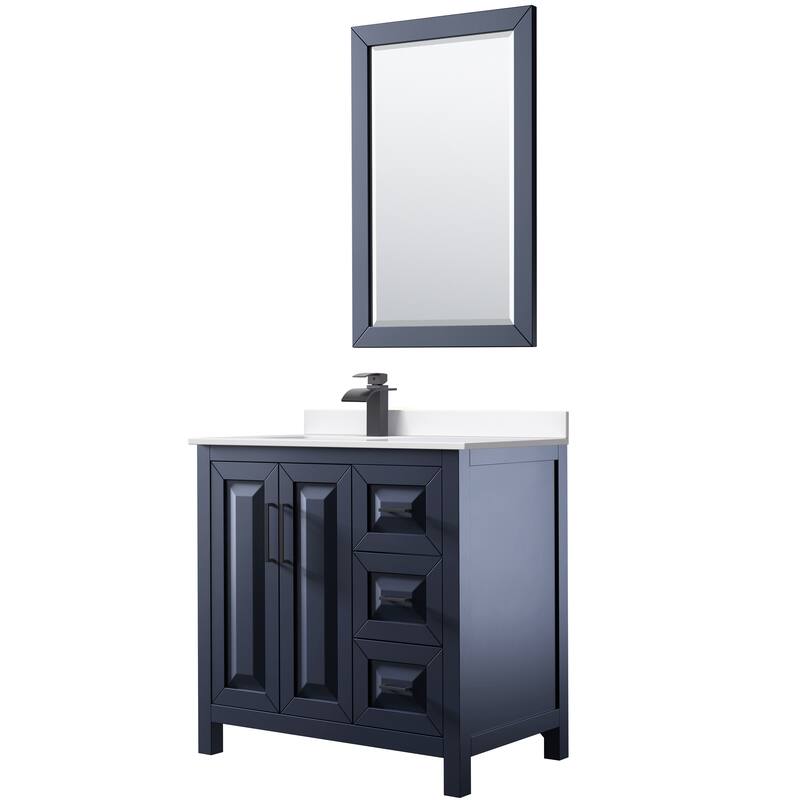 Daria 36-inch Single Vanity, Cultured Marble Top, 24-inch Mirror - Dark Blue, Black Trim, White Cultured Marble Top