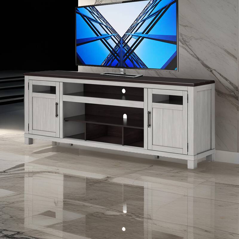 Darn TV Media Console, Open Space, Gray, Brown Acacia Wood, 88 Inch