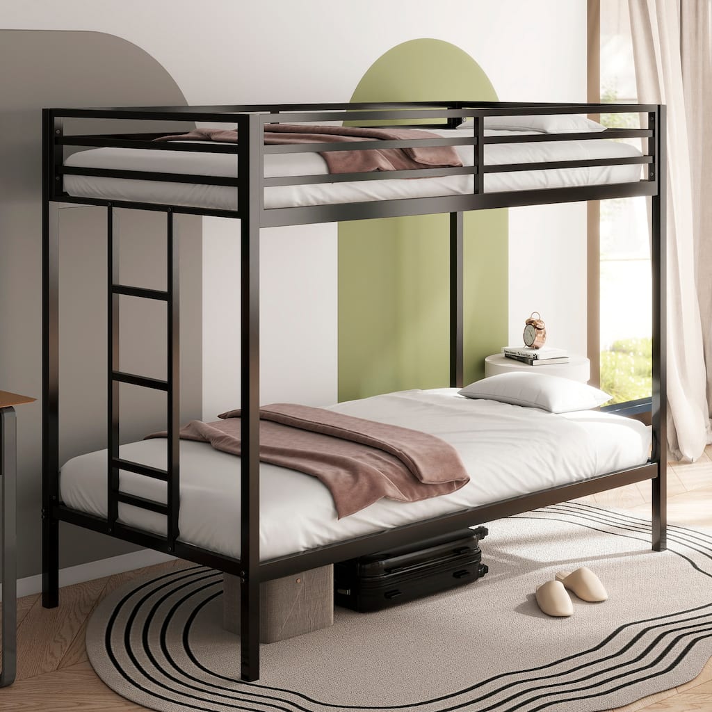 Twin Over Twin Bunk Bed with Ladder and Guardrails, Metal Frame, Space-Saving Design for Kids and Adults