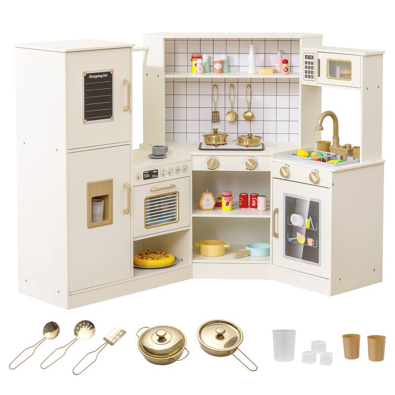 Gymax Pretend Play Corner Kitchen Set w/Ice Dispenser Stoves Oven - Off-White