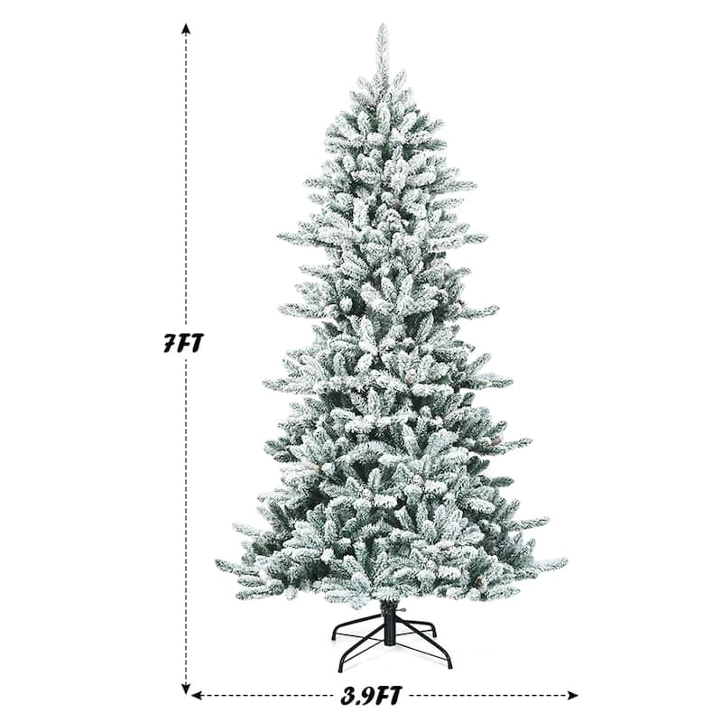 Gymax 7FT Snow Flocked Christmas Tree Hinged Fir Tree w/ Pine Cones - See Details