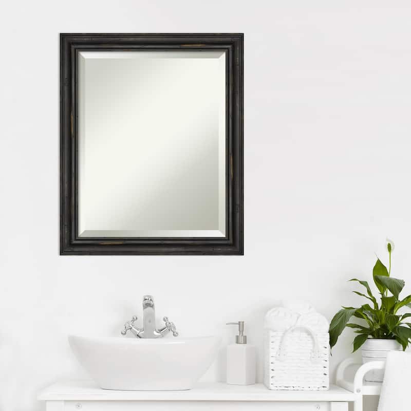 Beveled Wood Bathroom Wall Mirror - Rustic Pine Black Narrow Frame