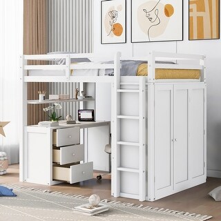 White Pine Full Loft Bed with Drawers, Desk & Wardrobe - Bed Bath ...