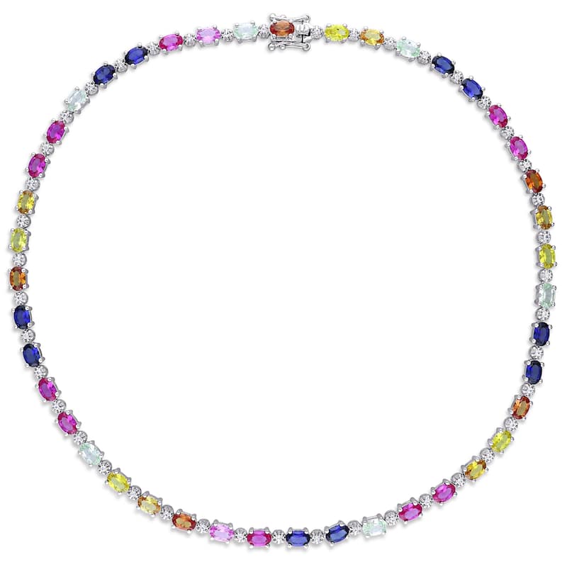 Miadora Sterling Silver 23 7/8ct TGW Oval-cut Multi-color Created Sapphire Tennis Necklace