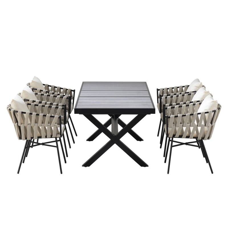 Modern Outdoor Dining Set with Six Polyester Woven Tape Chairs and 62.9 to 82.6 inches Extendable Table
