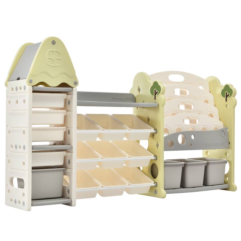 Roomfitters Bookshelf Organizer with 17 Bins and 5 Shelves, Multi Functional Storage Cabinet for Home