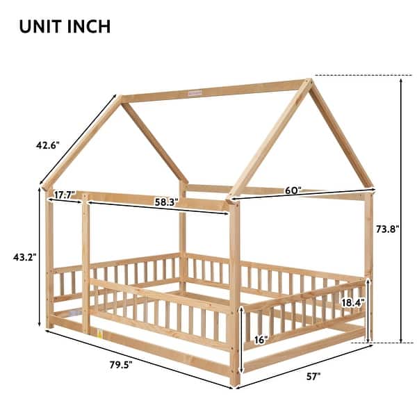 dimension image slide 1 of 2, Floor Wooden Bed with House Roof Frame, Fence Guardrails, Suitable for Kids