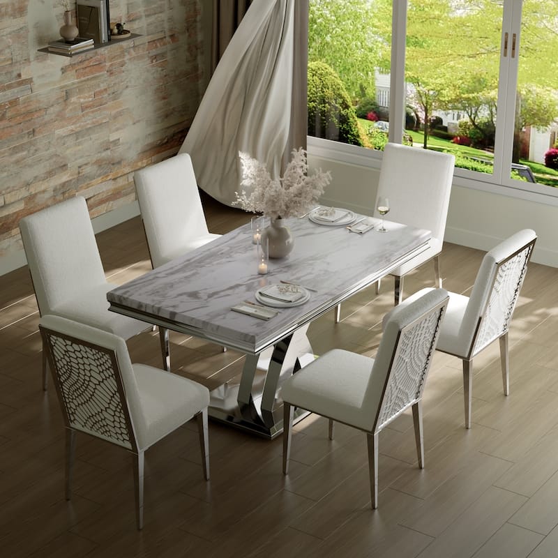 65 inch Faux Marble Dining Table Set with Boucle Dining Chairs