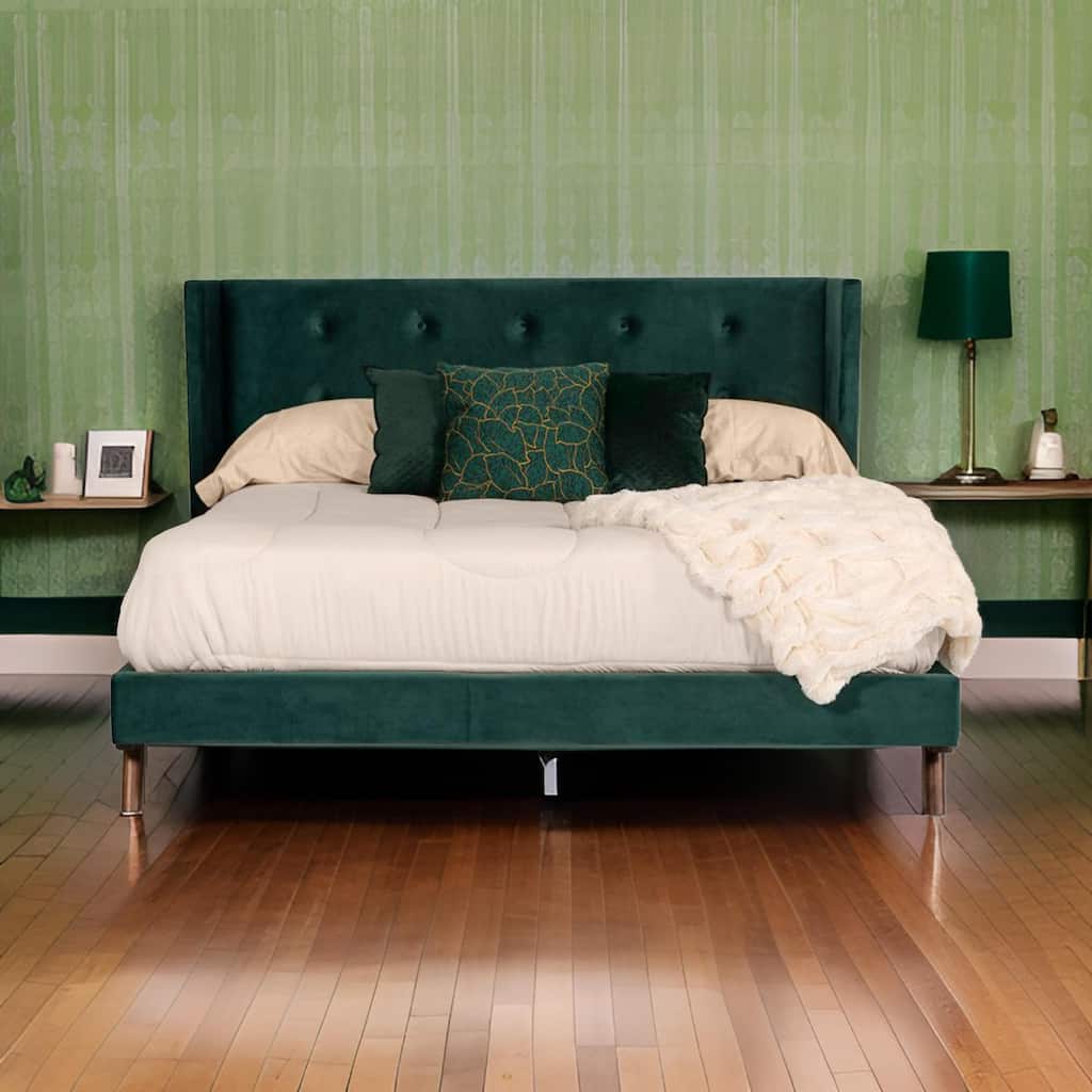 Dury King Size Platform Bed, Green Velvet Upholstery, Tufted Wingback