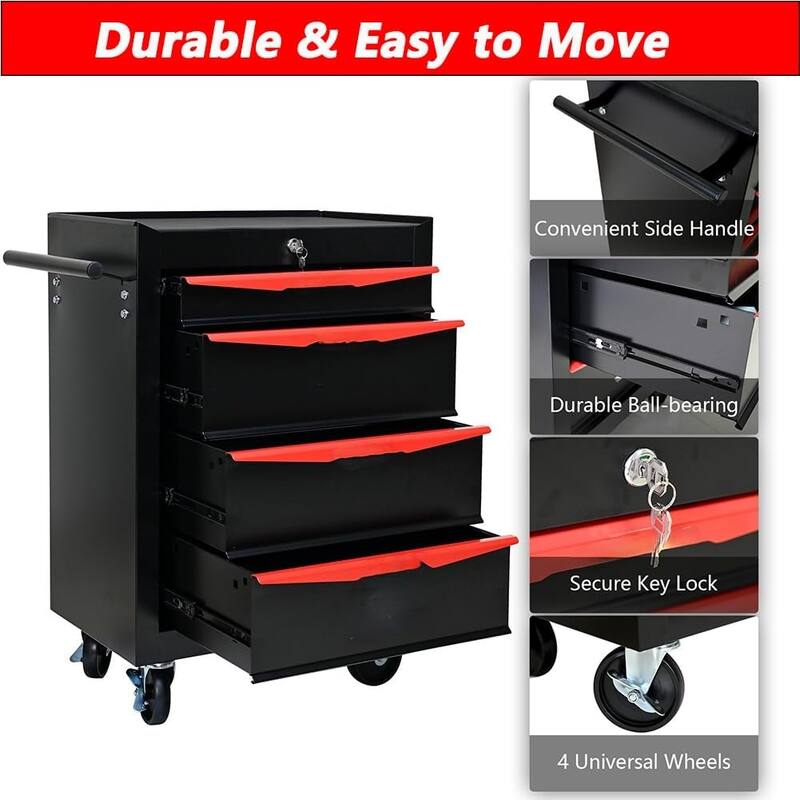 4 Drawer Rolling Tool Chest, 20 Inch Lockable Rolling Tool Box with Wheels, Rolling Garage Workshop Tool Organizer