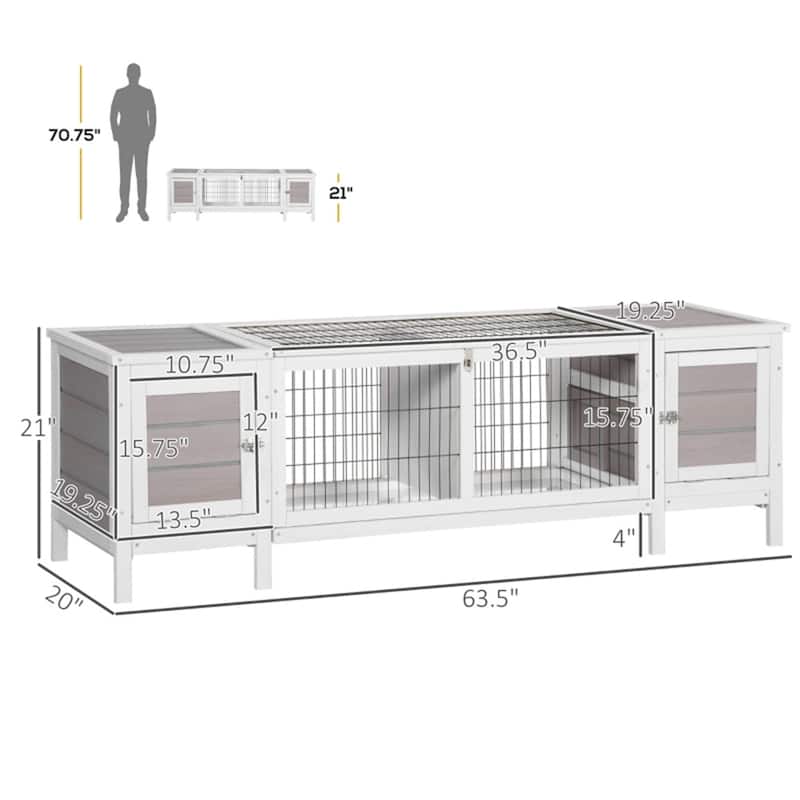White-Grey Wooden Multi-Level Bunny Hutch Cage with Steel Frame and Extractable Divider - 63.5" W x 20" D x 21" H