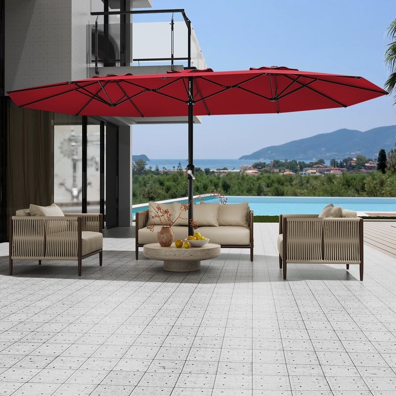 15ft Large Patio Umbrella with Base, Outdoor Double-Sided Market Umbrella with Crank Handle