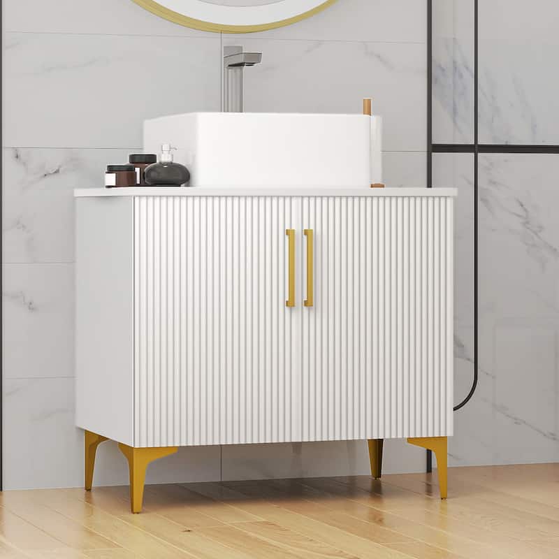 Freestanding Bathroom Vanity with White Stone Top Soft Close Doors and Gold Accents