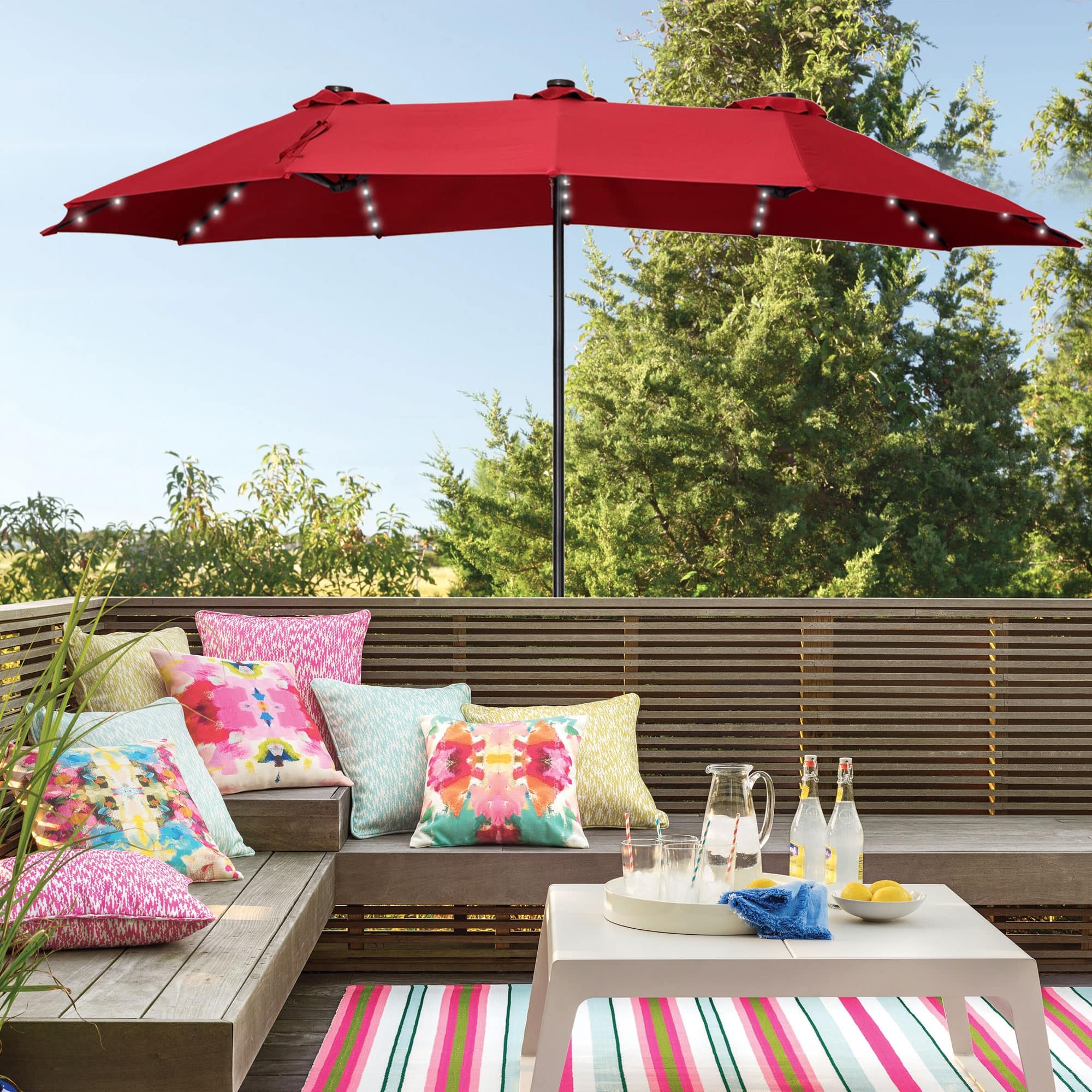 15 ft patio umbrella with base and lights ABCCANOPY 15FT Double Sided Pool Base, Outdoor Porch Umbrella for Poolside, Lawn, Backyard (Green) Crank handle is convenient for effortlessly open and close the umbrella Toject 15ft Large Patio Umbrella