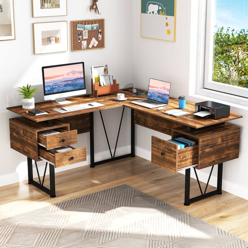 Gymax 59'' L-shaped Computer Desk w/ Charging Station Corner Desk