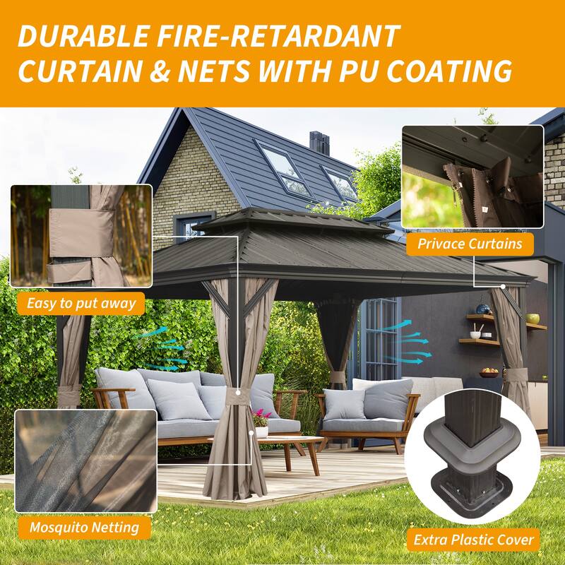 12' X 16' Hardtop Gazebo with Drainage System, Galvanized Steel Roof, Curtains, and Netting for Outdoor Use