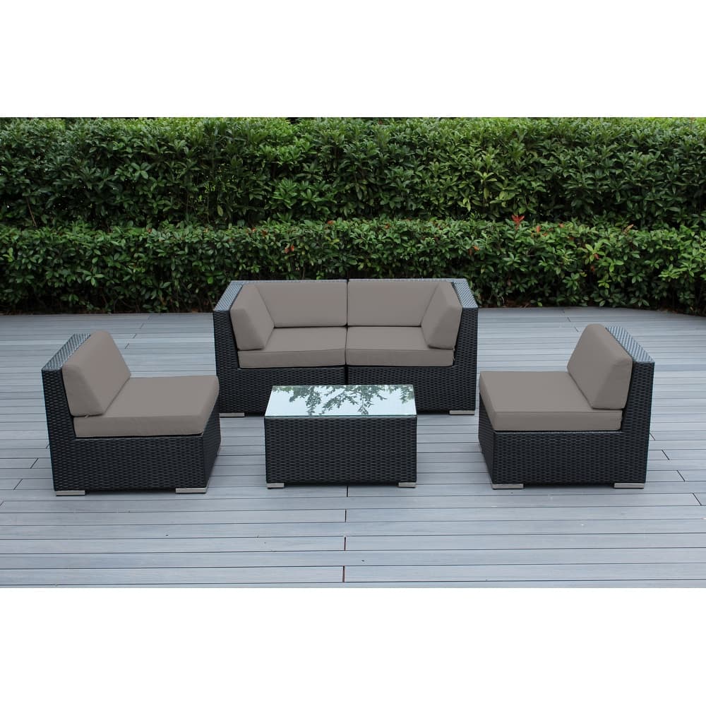 Ohana Outdoor Patio 5 Piece Black Wicker Sectional with Cushions - No Assembly