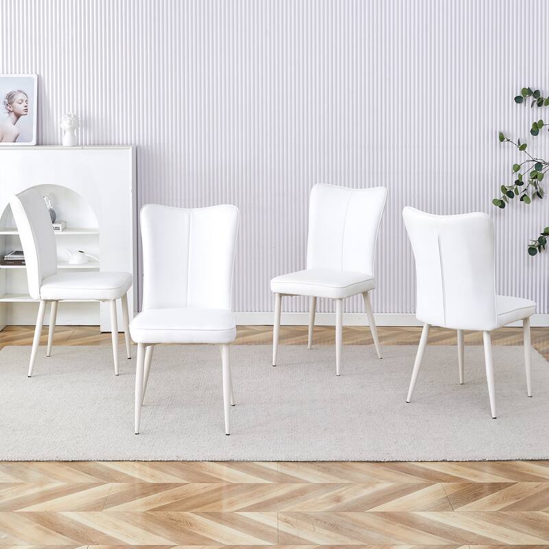 ( Set of 4 )Modern minimalist Dining Chair,White PU Leather Curved back And seat Cushion,White Metal Chair Legs