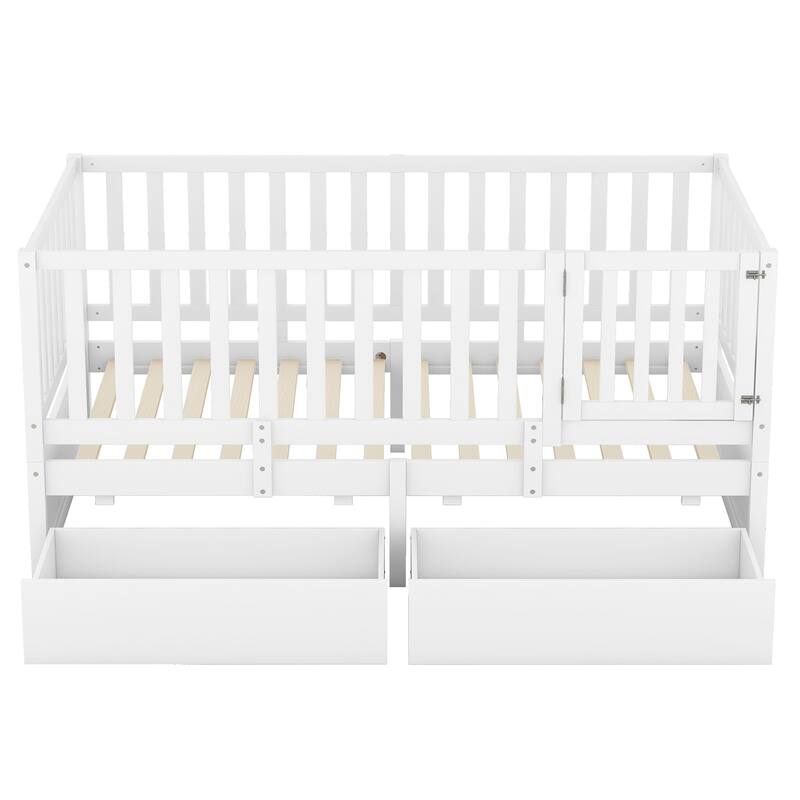 Modern Wood Daybed with Fence Guardrails and 2 Drawers