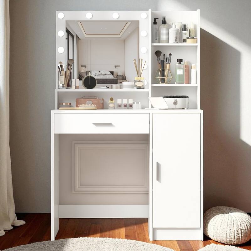 Makeup Vanity Table with Adjustable Lighting, Oversized Drawer, 3 Shelves and Cabinet Storage - White