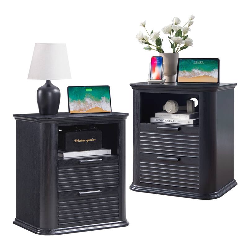22" Fluted Night Stand with Charging Station, End Table with 2 Drawers & Open Storage, Side Tables Curved Profile Design