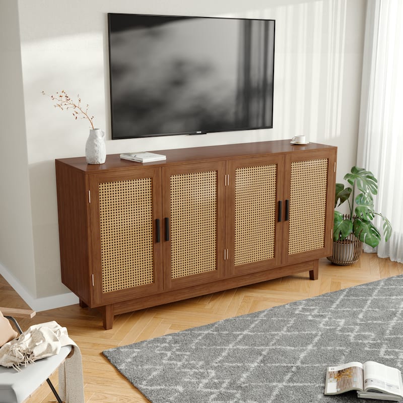 Modern 4 Door Wood Rattan Buffet Sideboard Storage Cabinet