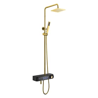 polished gold wall mounted 3 way thermostatic digital display exposed shower with tub spout and 8 inch rain head - 7'6" x 10'9"