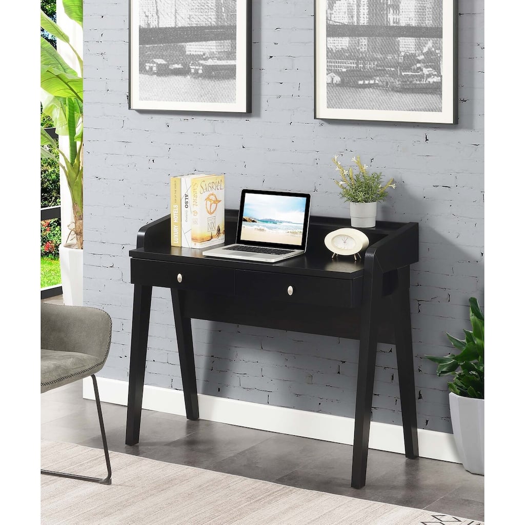 Modern 2-Drawer Desk with Shelf - Black Minimalist Computer Writing Table 42"D x 18"W