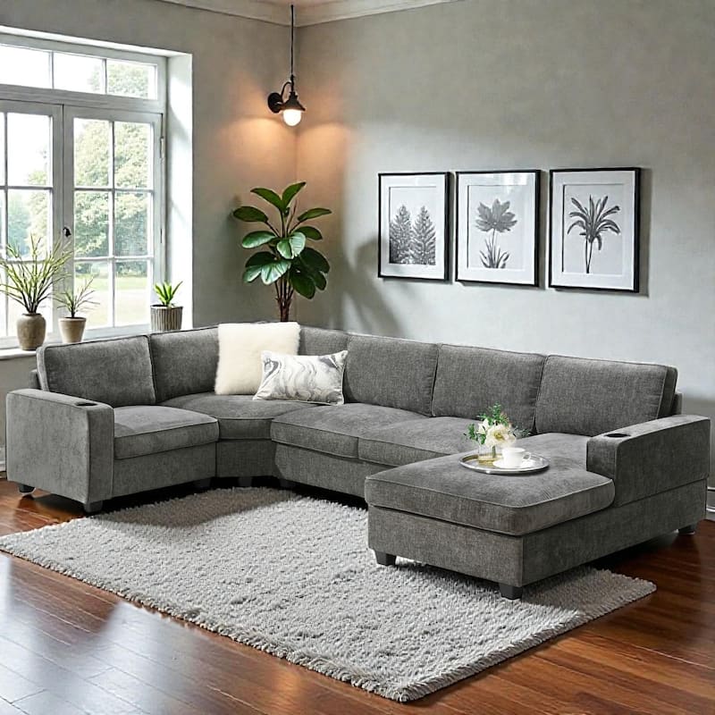 119" U-Shaped Sectional Sofa with Cup Holders, 6 Seat Chenille Corner Couch, Oversized Chaise Lounge - Grey