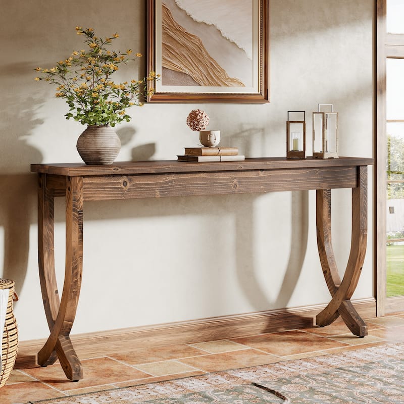 Solid Wood Console Table Farmhouse Sofa Couch Table for Entryway - Brown